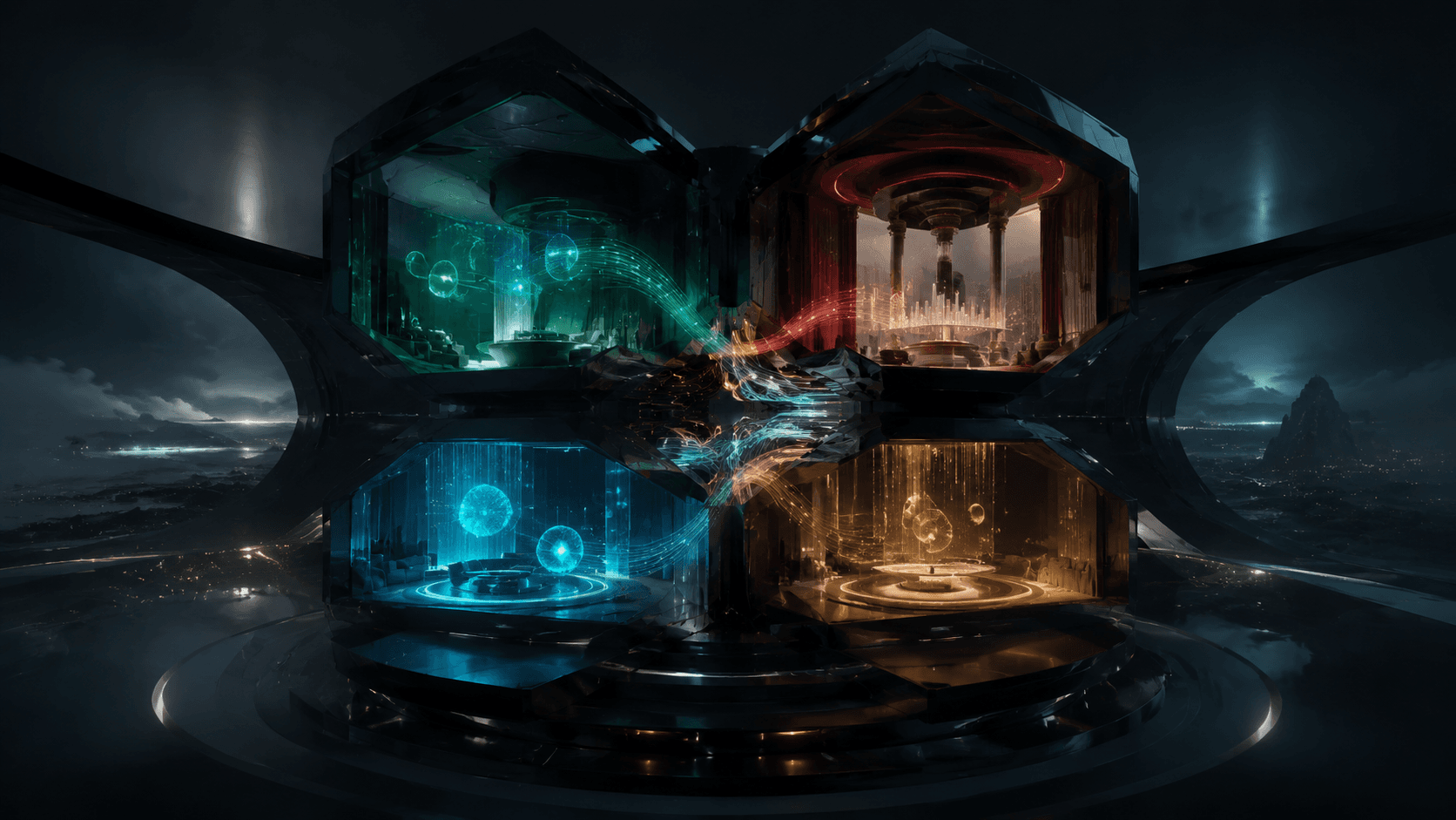 A single dark structure containing four illuminated chambers