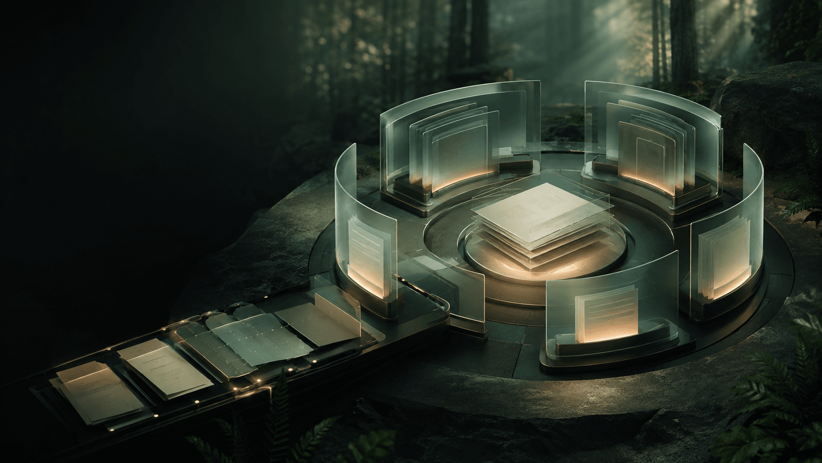 Illuminated records on a circular dais surrounded by six glass panels