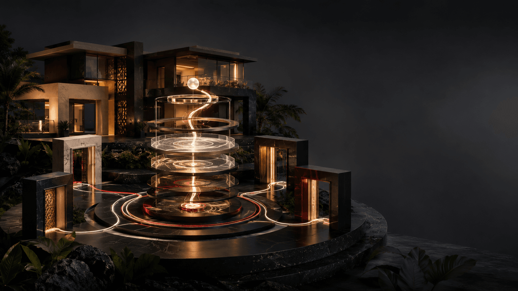 A lit residence beside a stack of glowing rings threaded by a line of light