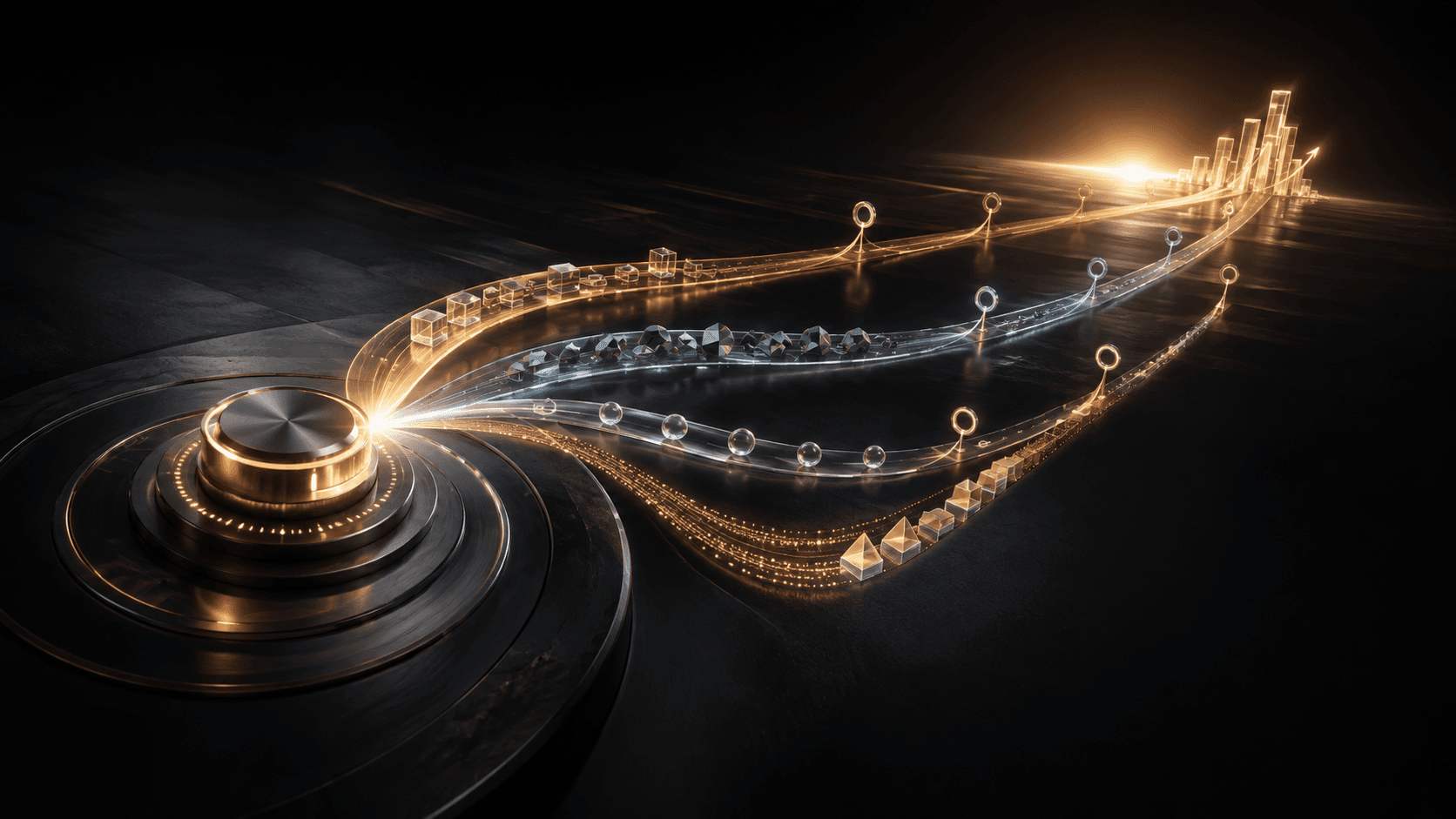A control dial casting diverging paths of light toward a bright horizon